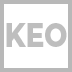 Square white box with gray border containing the letters KEO in gray